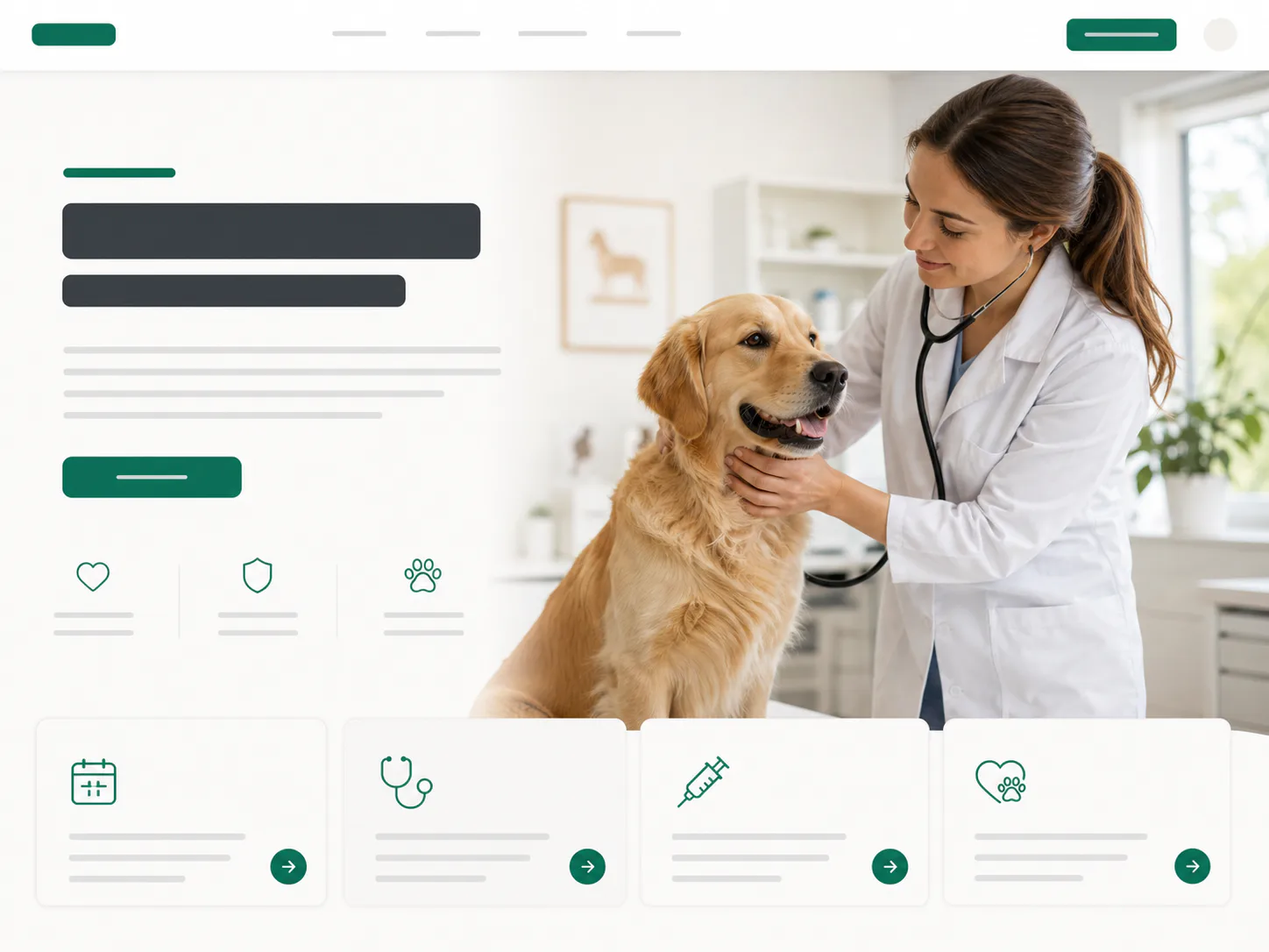 Modern veterinary clinic website preview with a veterinarian and a golden retriever